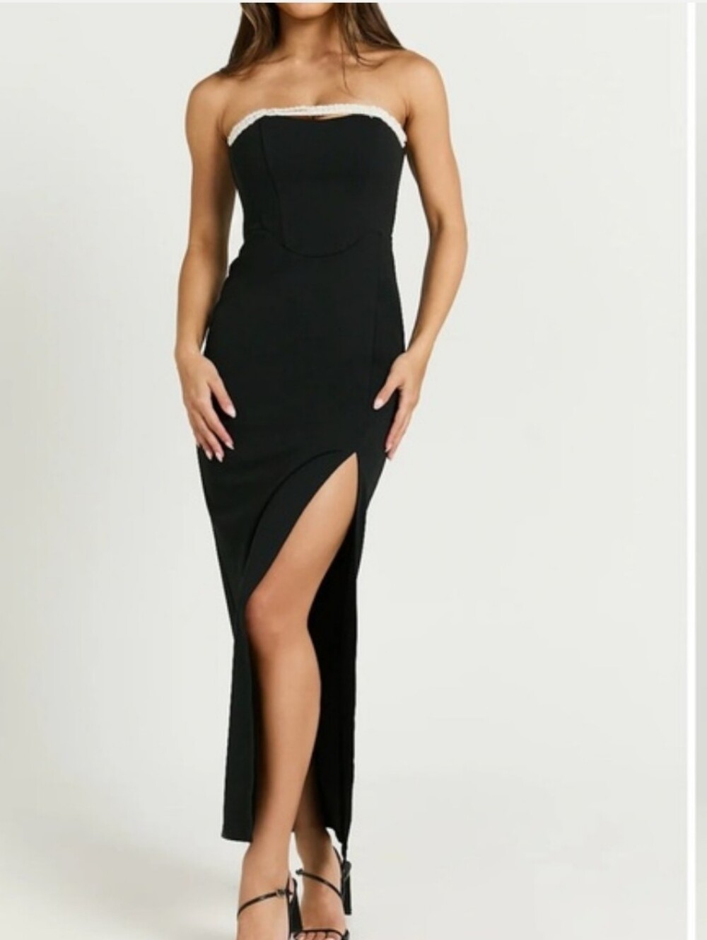 HERE COMES THE SUN Strapless Black Midi Dress Pearl-Trim Neckline Size S Nwot